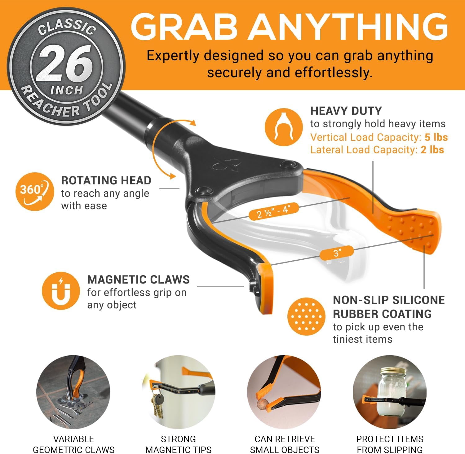 EZPIK Grabber Reacher Tool for Seniors, 26" Rotating Head Magnetic Reaching Aid – Classic Silver