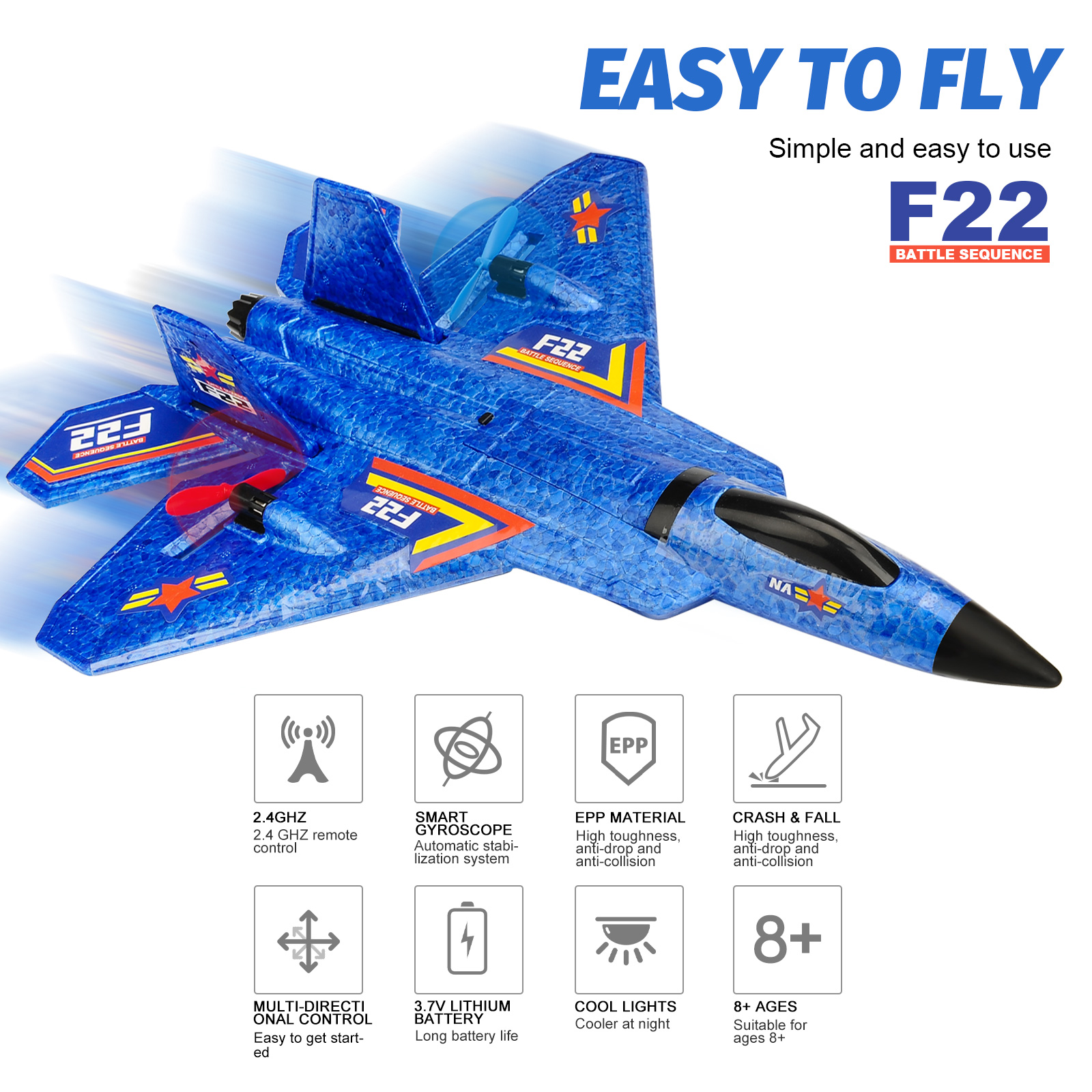 F22 EPP Foam RC Plane with LED Light 2.4G Remote Control Aircraft