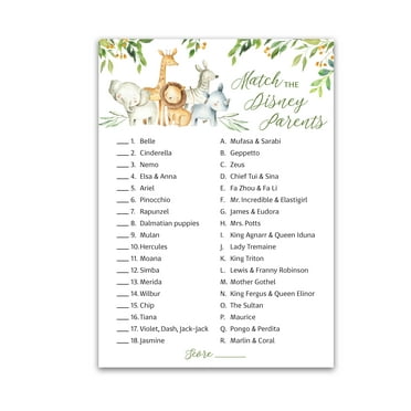 SAFARI ANIMALS Match Disney Parents Baby Shower Games — Pack of 25 —Forest Jungle Animal Games, Match Famous Disney Parents Fun Shower Activity, Disney Star Kids Match Game G550-DPM