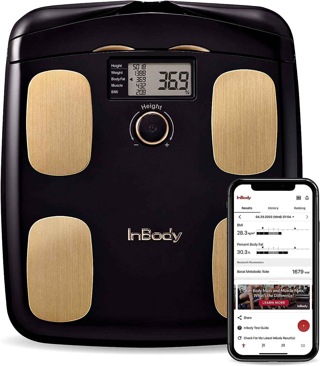 InBody H20N - Smart Full Body Composition Analyzer Scale, BMI, Body Fat,  Muscle Mass, Bluetooth Connection - Midnight Black