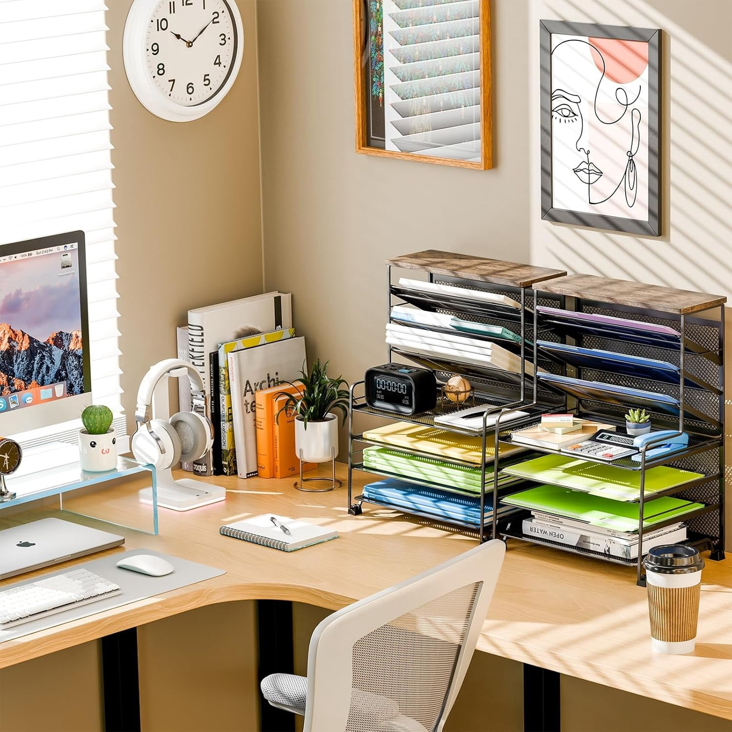 7 Tier Desk File Organizer, 2 Pack Letter Tray Paper Organizer, Mesh Desk Accessories File Folder for Office, Home or School, Black