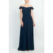 Adrianna Papell Off Shoulder Ruffled Sleeveless Zipper Back Solid Full-Length Dress-MIDNIGHT / 20
