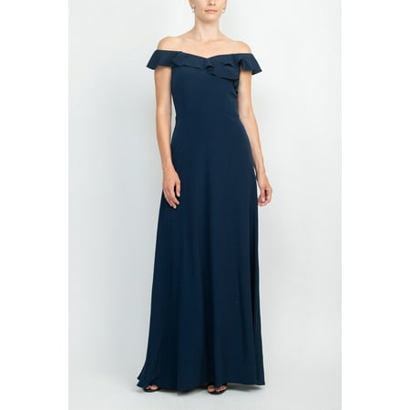 Adrianna Papell Off Shoulder Ruffled Sleeveless Zipper Back Solid Full-Length Dress-MIDNIGHT / 20