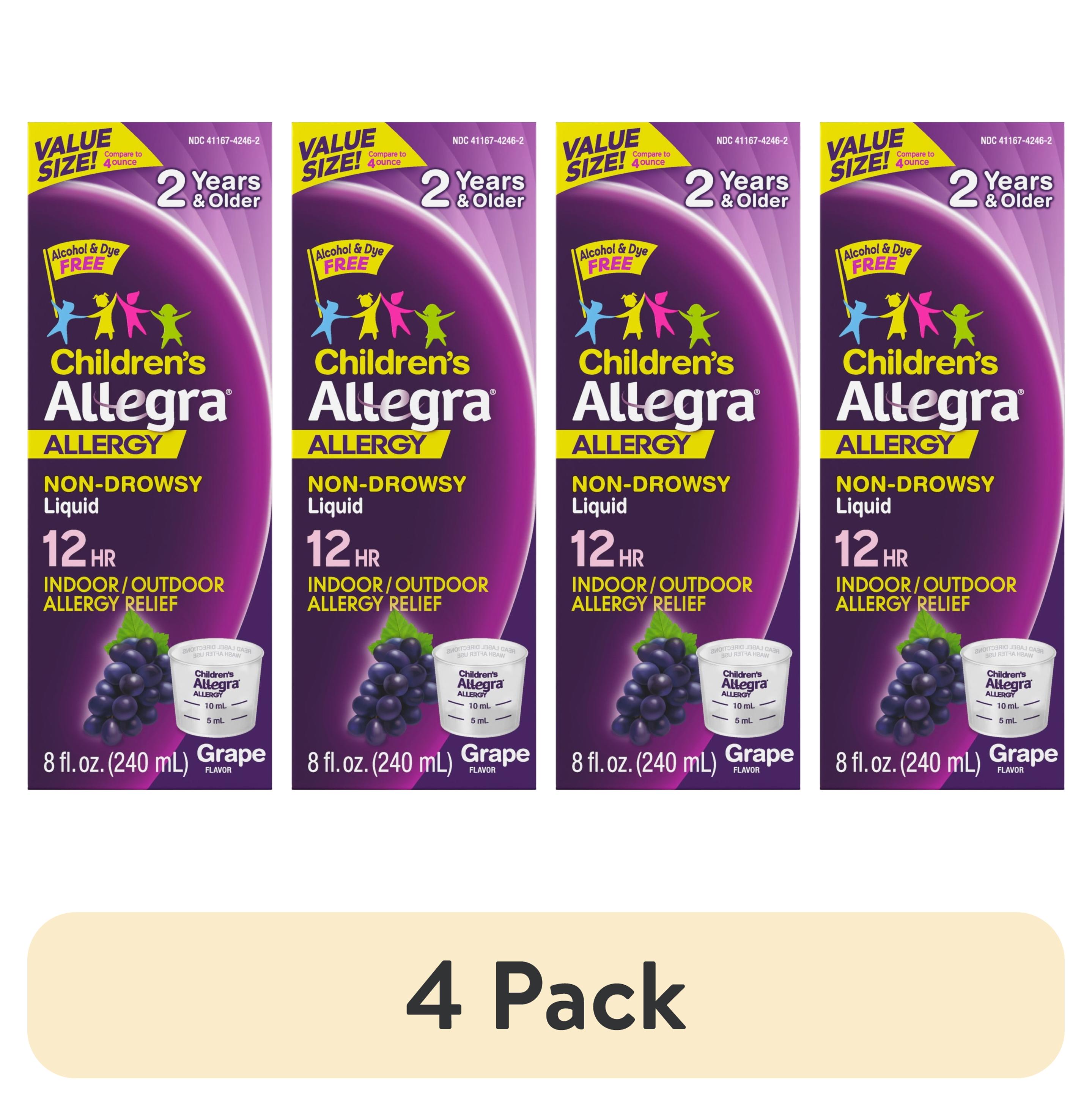(4 pack) Allegra Children's 12-Hour Allergy Relief Liquid, Non-Drowsy Indoor and Outdoor Allergy Medicine, 30 mg Fexofenadine HCI Antihistamine For Kids, Grape Flavor, 8 oz