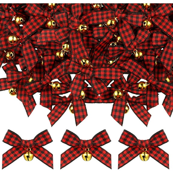 Dalrosia 50PCS Christmas Bow with Bell Mini Plaid Bows Buffalo Plaid Bow Gingham Bow Xmas Bells for Christmas Tree Crafts Home Decoration DIY Making Ornament