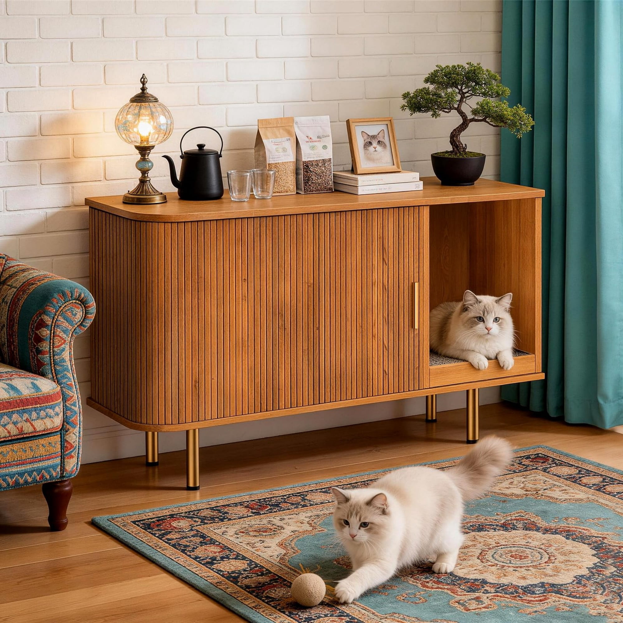 Cat Litter Box Enclosure Furniture with Sliding Door, Hidden Cat House Cabinet with Scratch Pad, Modern TV Stand Side Table, Yellow
