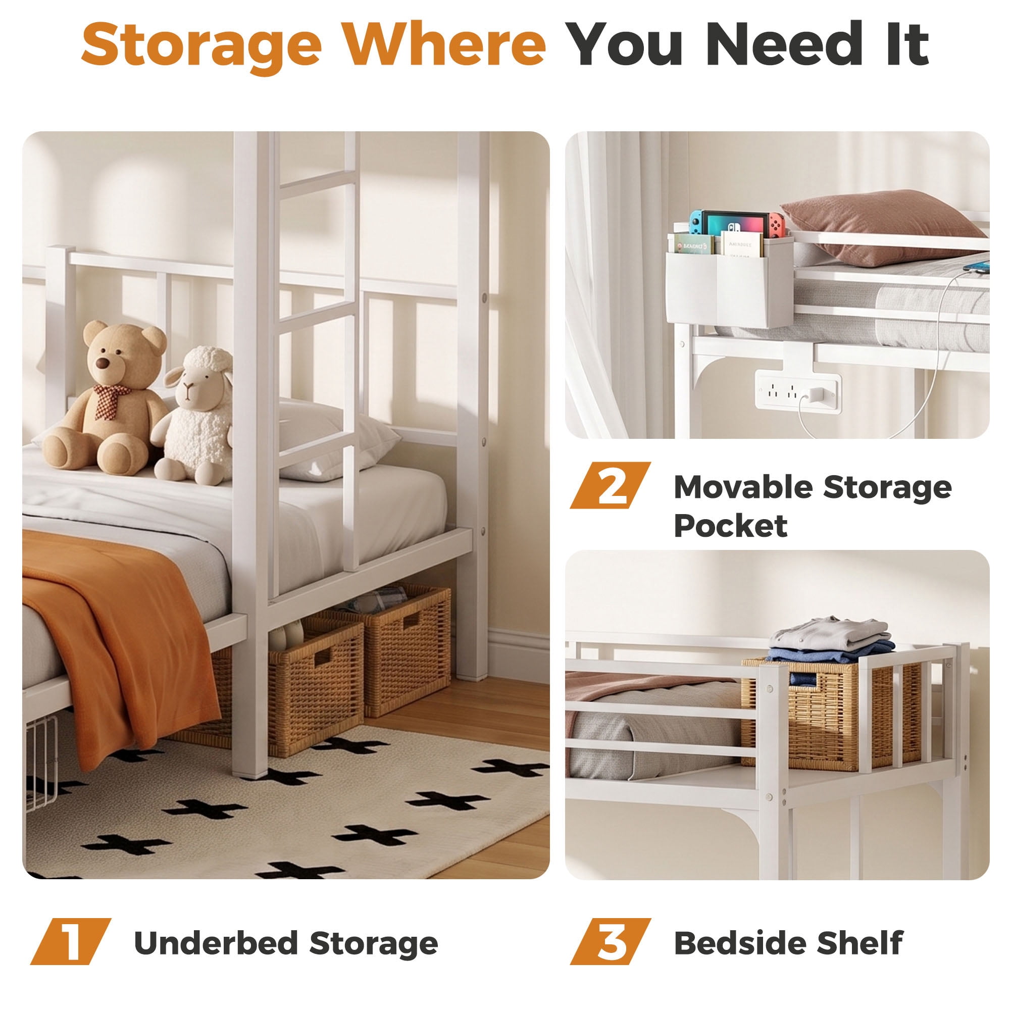 Miniyam Triple Bunk Bed with 2 Storage Drawers, Twin Over Twin Over Twin XL, LED Light and Power Strip, White