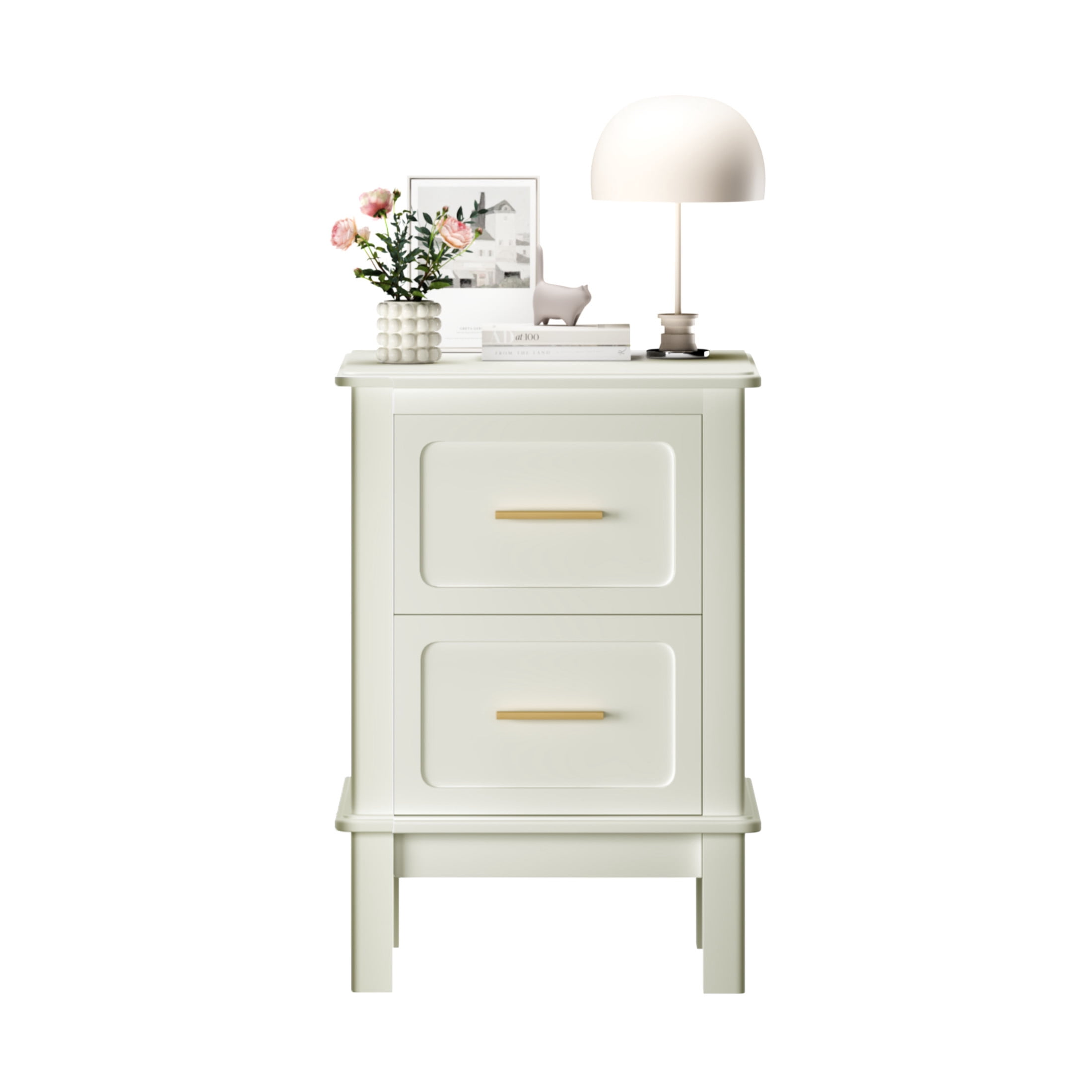 Noble House Misty 16" Modern 2-Drawer Nightstand with Gold Handles, Sturdy Accent Table for Small Spaces, Cream White