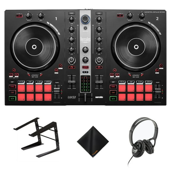 Hercules DJControl Inpulse 300-2-Deck DJ Controller Headphones Laptop Stand Kit