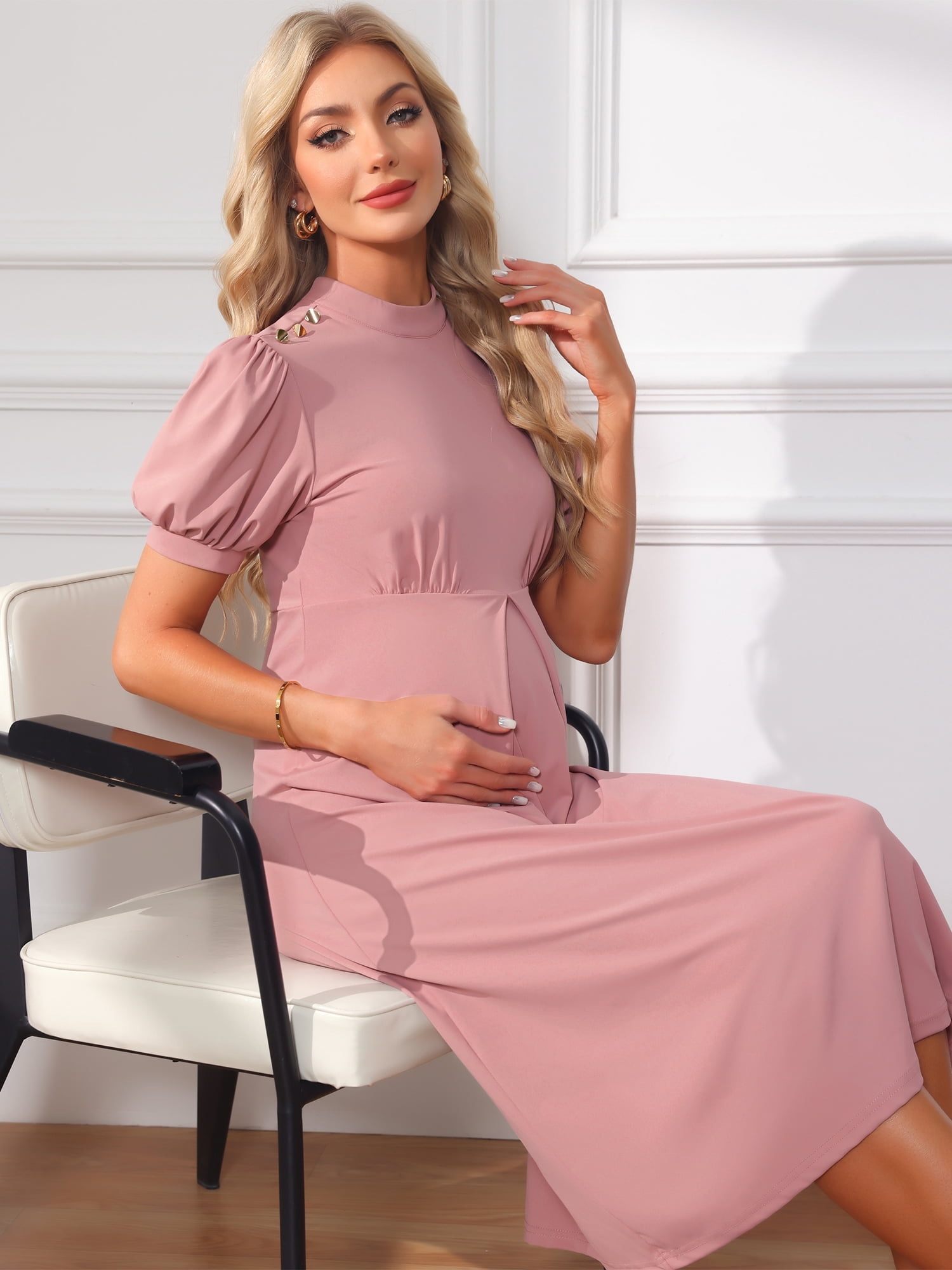 DARING DIVA Women's Maternity Mock Neck Puff Sleeve A-Line Work Dress M Pink