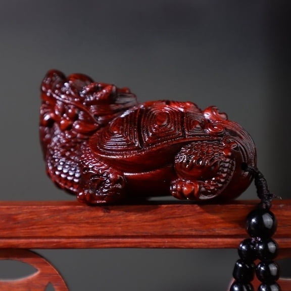 Red Sandalwood Handmade Wood Carving Auspicious Beast Dragon Turtle Handle Piece