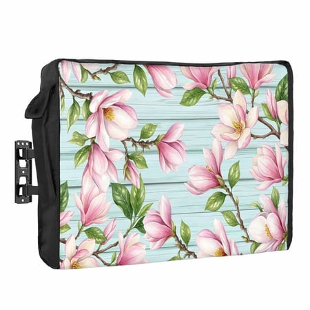 Pink Magnolia Outdoor TV Cover 52 to 55 inch Weatherproof Waterproof, Floral Branches Leaf Botanical Teal Wood Grain TV Enclosures with Remote Control Pocket Flat Screen Protector for Outside