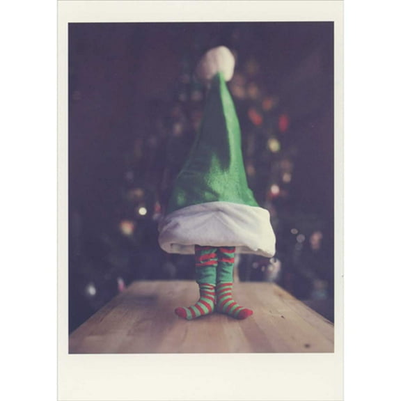 Palm Press Elf in Red and Green Striped Socks Under Large Green Hat Box of 10 Funny / Humorous Christmas Cards