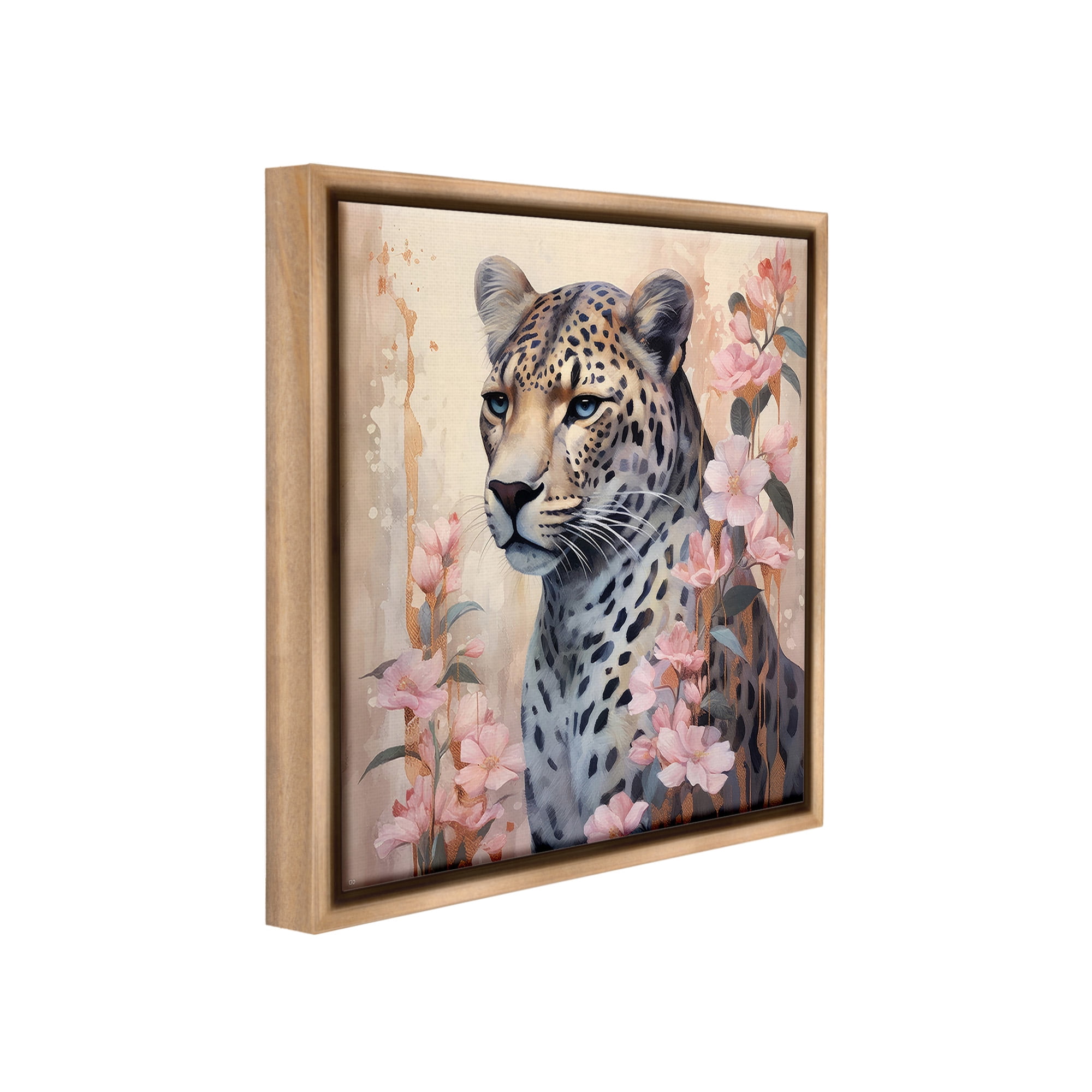 Stupell Industries Leopard with Pink Flowers Animals & Insects Painting Brown Floater Framed Canvas Art Print Wall Art, 18 x 18