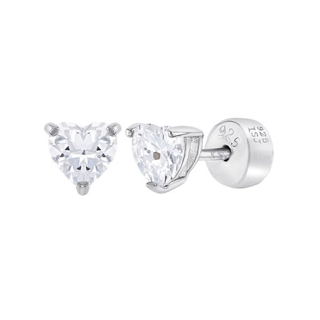 925 Sterling Silver Cubic Zirconia Solitaire Heart Safety Back 925 Sterling Silver Cubic Zirconia Solitaire Heart Safety Back Earrings S