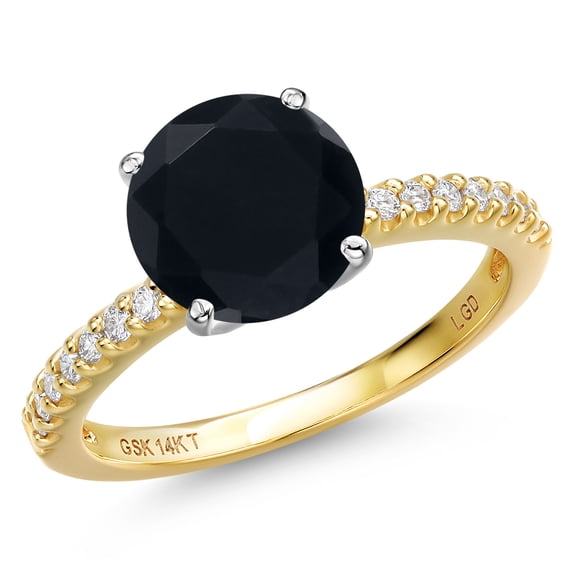 Gem Stone King 14K Two Tone Gold Black Onyx and Lab Grown Diamond Engagement Ring for Women | 3.16 Cttw | Round 10MM | Gemstone December Birthstone | Size 8