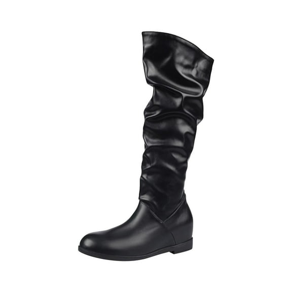 Lovskoo 2024 Women's Knee High Boots Leather Round Toe Large Size Comfortable Solid Color Western Boots Black