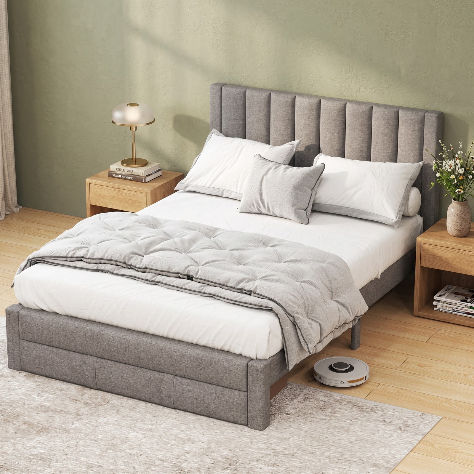 Furnibear Queen Size Upholstered Bed Frame with Wingback Headboard, Storage Bed Frame with Drawer, Queen Platform Bed Frame for Bedroom, Gray