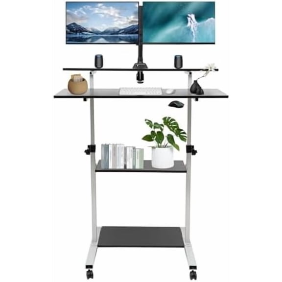 Bacocoo Mobile Standing Desk 40in with Wheels, Dual Monitor Mount, Adjustable Height Computer Desk, Rolling Laptop Cart, Portable Workstation, Silver Ergonomic Desk.
