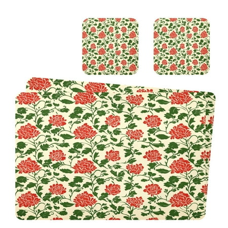 

Wobogo Vintage Red Floral Pattern Placemats Coasters Set of 2 Heat-resistant Non-slip Easy to Clean Square Dinner Plate Mat