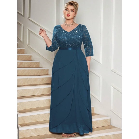 Dusty Blue Plus Size V-Neck Sequin Lace 3/4 Sleeve Ruffle Hem Chiffon Maxi Dress For Formal Party Wedding Guest