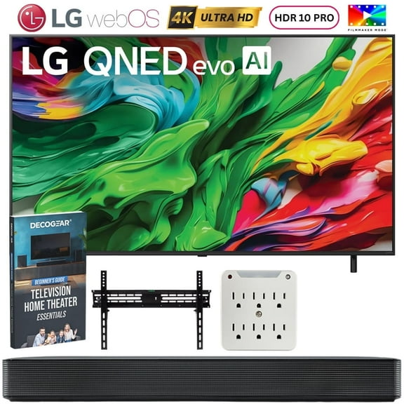 LG 65QNED85AUA 65 inch Mini LED QNED AI 4K Smart TV (2025) Bundle with SKM1 2.0-Ch. Soundbar, 37"-70" TV Wall Mount, 6-Outlet Surge Adapter & Deco Gear Complete Home Theater Beginner's Guidebook