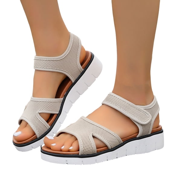 Rokment Athletic Orthopedic Walking Sandals for Women 2026 Comfortable Breathable Mesh Memory Foam Wedge Heels Arch Support Non Slip Work Summer Shoes Beige Size 6