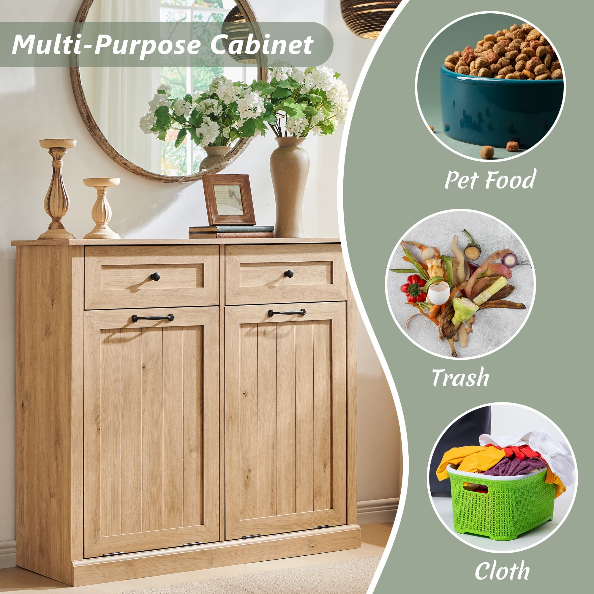 Double Tilt Out Trash Cabinet, 20 Gallon Farmhouse Laundry Hamper Cabinet with 2 Drawers, Storage Basket for Kitchen, Living Room, Natural