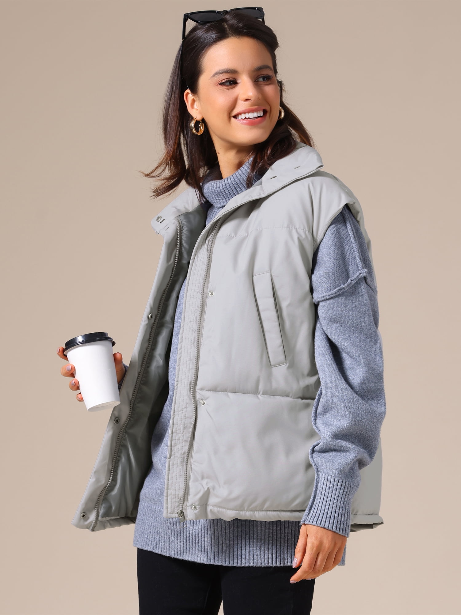 DARING DIVA Women's Puffer Vest Stand Collar Sleeveless Lightweight Jacket S Gray