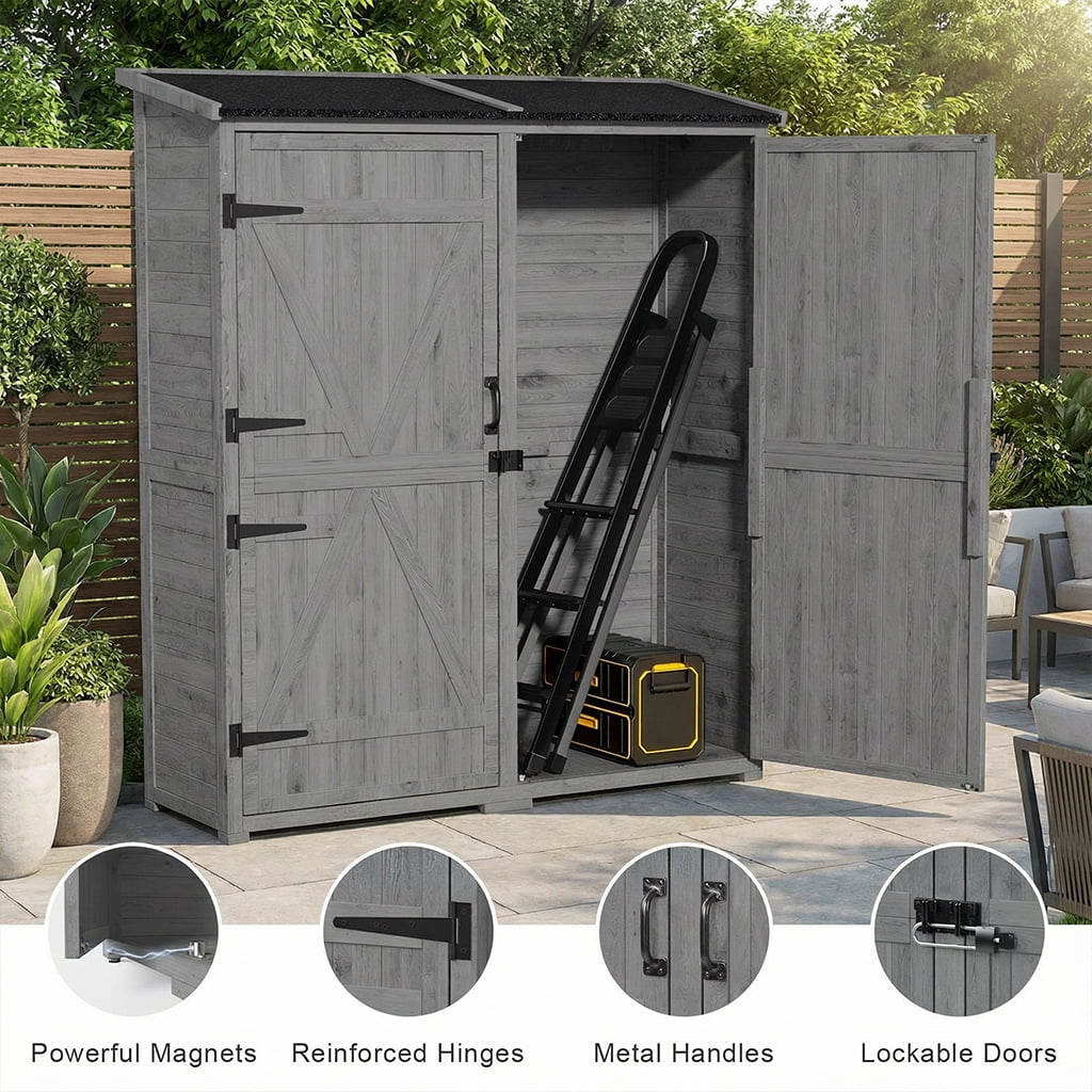 Aiho 55” Wide Outdoor Storage Shed with Lockable Double Doors - Weather-Resistant Garden Shed for Patio, Backyard & Lawn, Gray