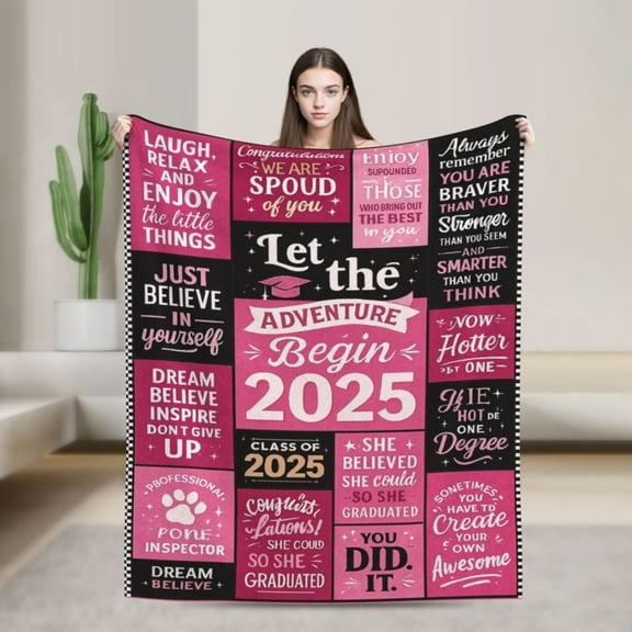 Graduation Gifts Throw Blanket for Her, Inspirational Quotes Print Soft Cozy Pink Flannel Blanket for Congrats Graduation Class of 2025, Home Decor for Bed Sofa 50x40