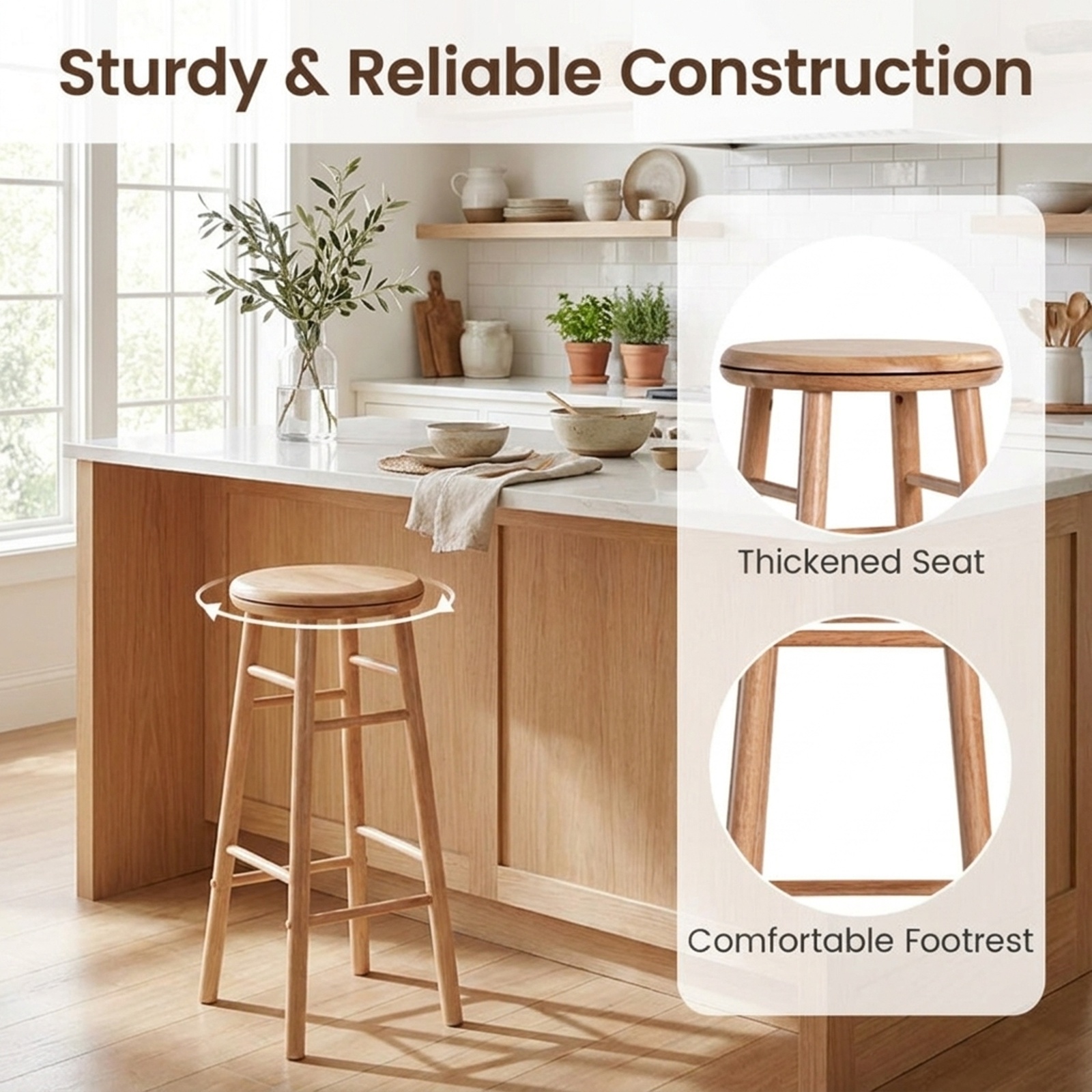 Furnibear 29" Swivel Bar Stools Set of 2 with Footrests & Crossbars for Kitchen Island Counter Bar Pub Dining Home, Natural