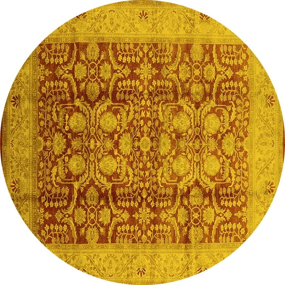 Ahgly Company Machine Washable Indoor Round Oriental Yellow Traditional Area Rugs, 4' Round