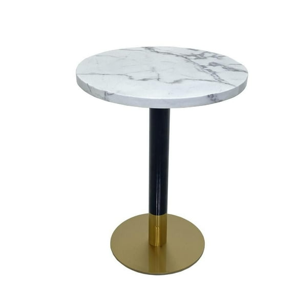 Modern Roza Dining Table in White Faux Marble with Black and Gold Brass Base Details – A Chic and Compact Design, Perfect for Small Spaces or Restaurants, Combining Contemporary Elegance with Practica
