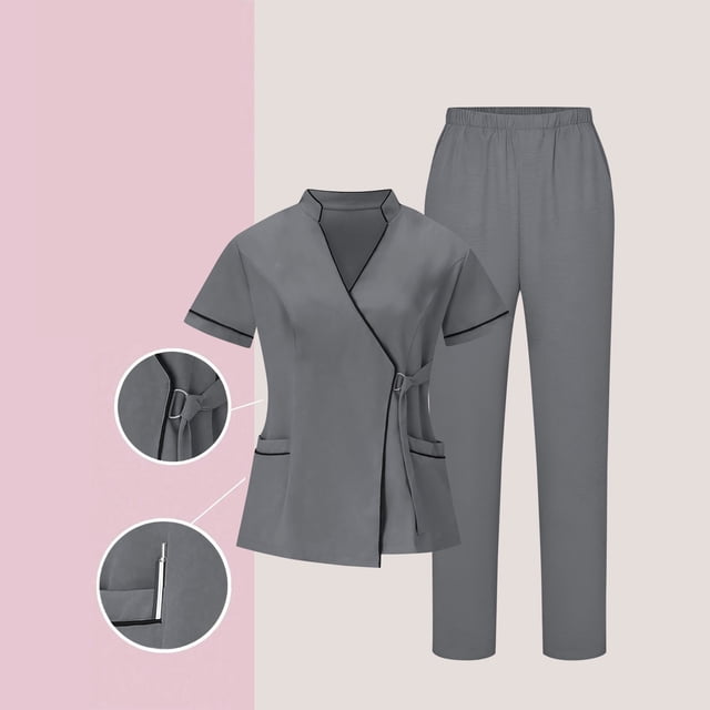 Women's Nurses Sets Classic V-Neck Scrubs Tops & Stretchy Pants Work Uniform Set Dark Grey M