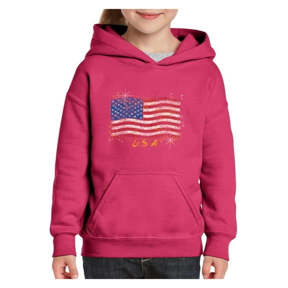 IWPF - Big Girls Hoodies and Sweatshirts - American Flag USA in Gold
