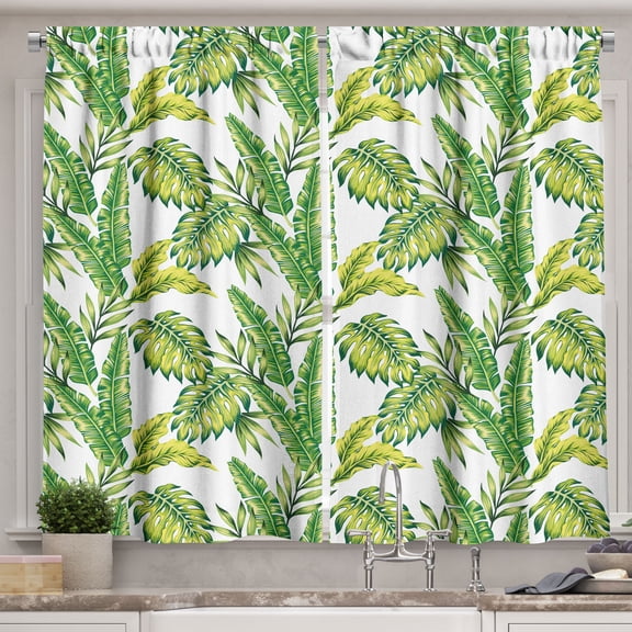 Ambesonne Jungle Kitchen Curtains, Vintage Tropical Palm Leaf, 55"x45", Fern Green Lime