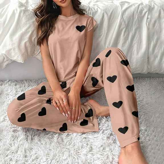 Riecok Loungewear Sets for Women 2 Piece Crewneck Ruffle Sleeve Tops and Elastic Waist Pants Cute Print Cozy Soft Sleepwear