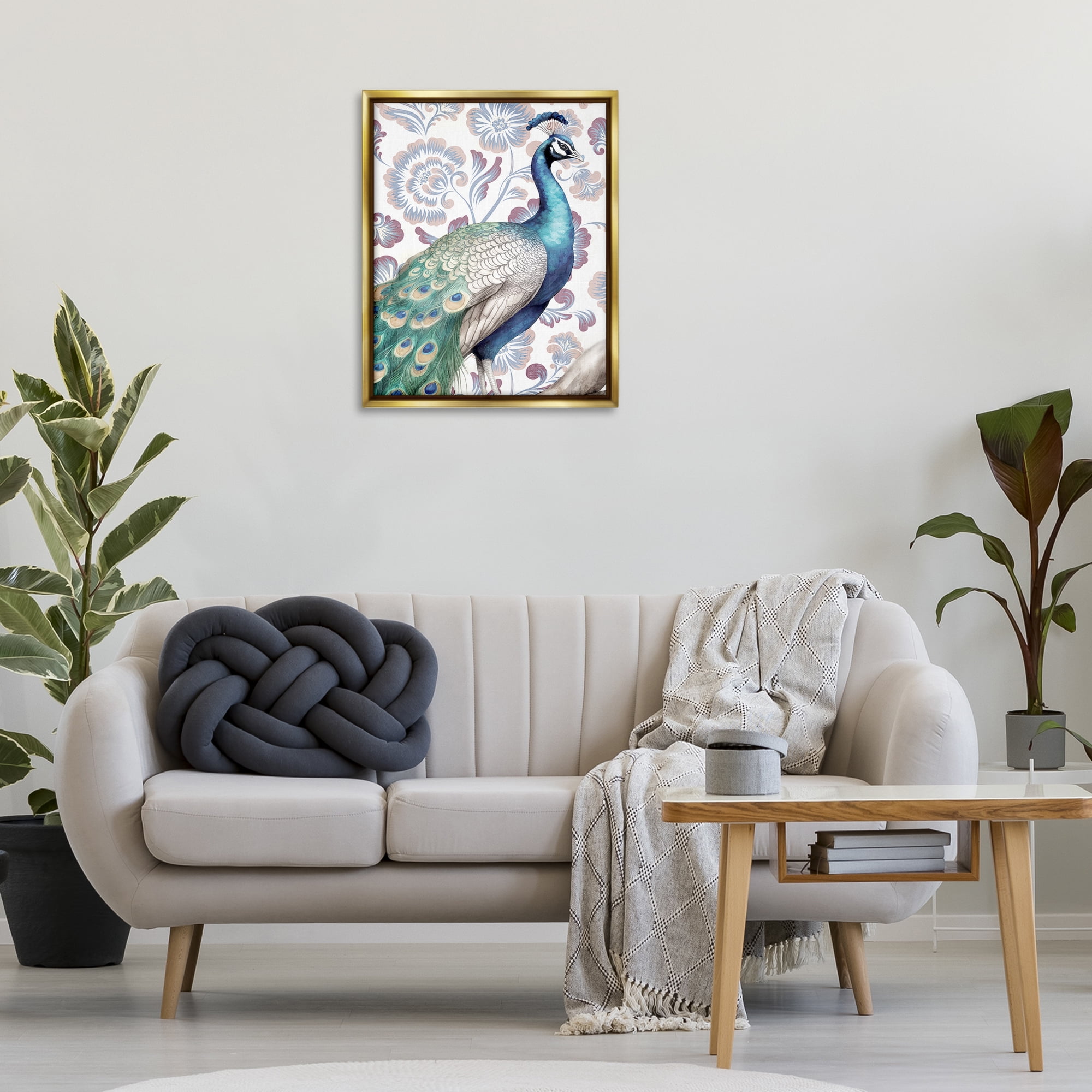 Stupell Industries Peacock on Vintage Florals Animals Painting Gold Floater Framed Canvas Art Print Wall Art, 25 x 31