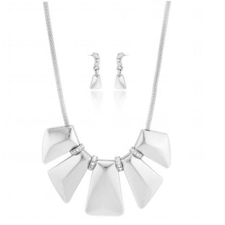 Eshopo 0805470016328 Silver- Tone Metal Plates With Crystal Hoops Necklace And Earring Set