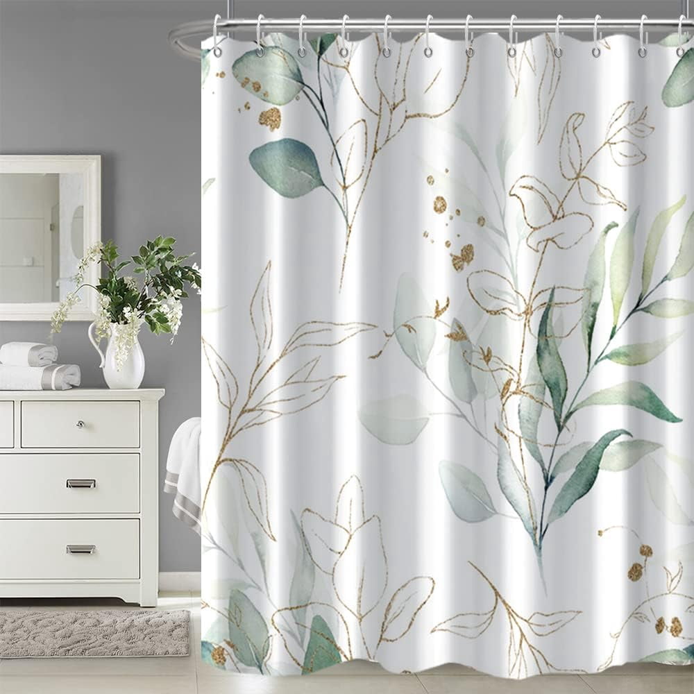 Eucalyptus Shower Curtain, Spring Sage Green and Gold Abstract Leaves Shower Curtain Set for Bathroom Waterproof Fabric Watercolor Botanical Bathroom Decor with Hooks, 72x84 Inch