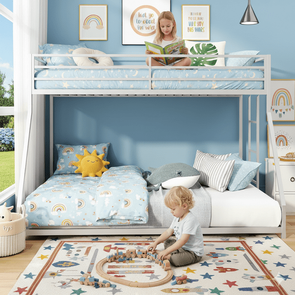 Twin Over Full Bunk Beds, UHOMEPRO Metal Bunk Bed with Ladder and Reinforced Guardrails, Bunk Bed for Teens and Adults, White