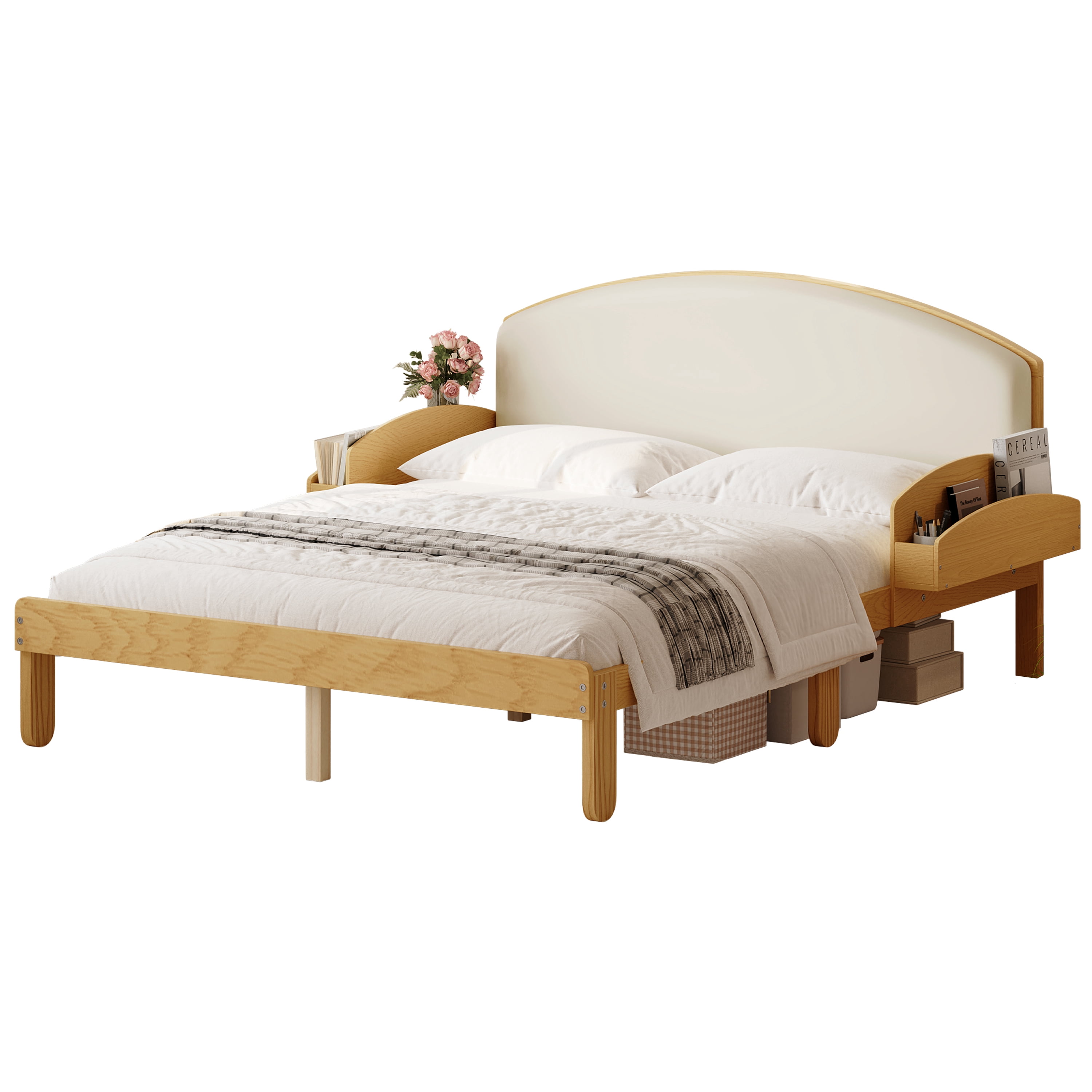 Euroco Full Size Platform Bed with Upholstery Headboard, Wood Bed Frame with Storage Shelves, No Box Spring Needed, Natural
