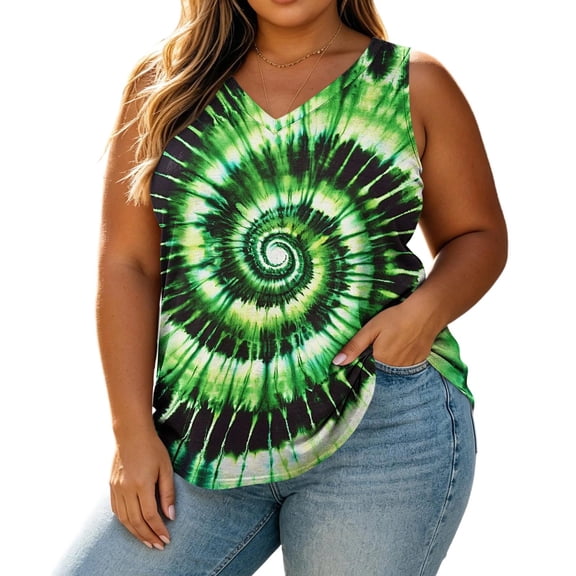 Women Plus Size Sleeveless V-Neck Tie Dye Tank Top, Loose Flowy Curved Hem Casual Summer Blouse