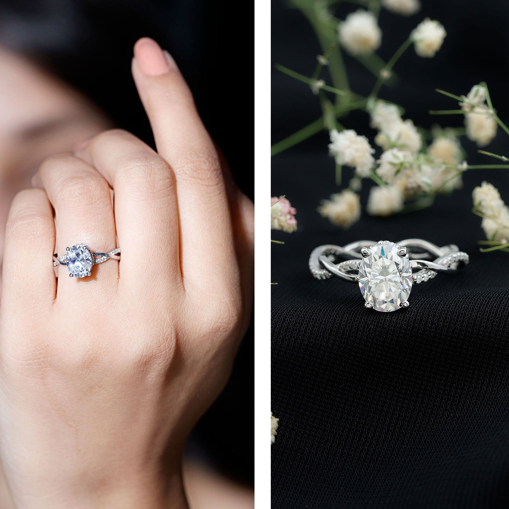 Rosec Jewels Oval Moissanite Hidden Halo Engagement Ring for Women (7X9 mm - 2 Ct - D-VS1 Grade), 14K White Gold, US 8.50