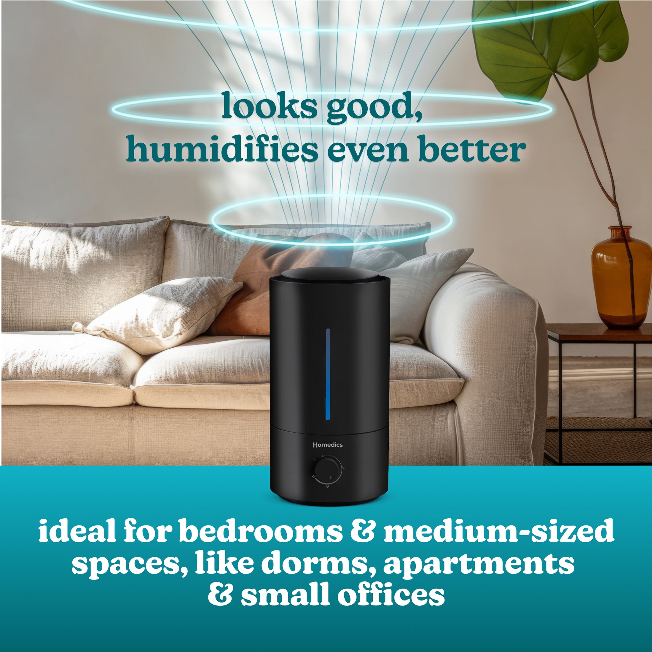 Homedics Ultrasonic Humidifier, Cool Mist, Easy Top Fill with up to 44 Hour Run Time, .96 Gallon, Black