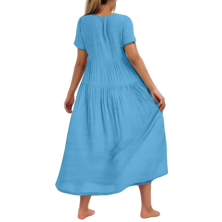 Brgzlk Women's Flowy Maxi Dress Short Sleeve Round Neck Bohemian Midi Dress Solid Color Soft Cozy Swing Tiered Dress for Beach Vocation Sky Blue L,