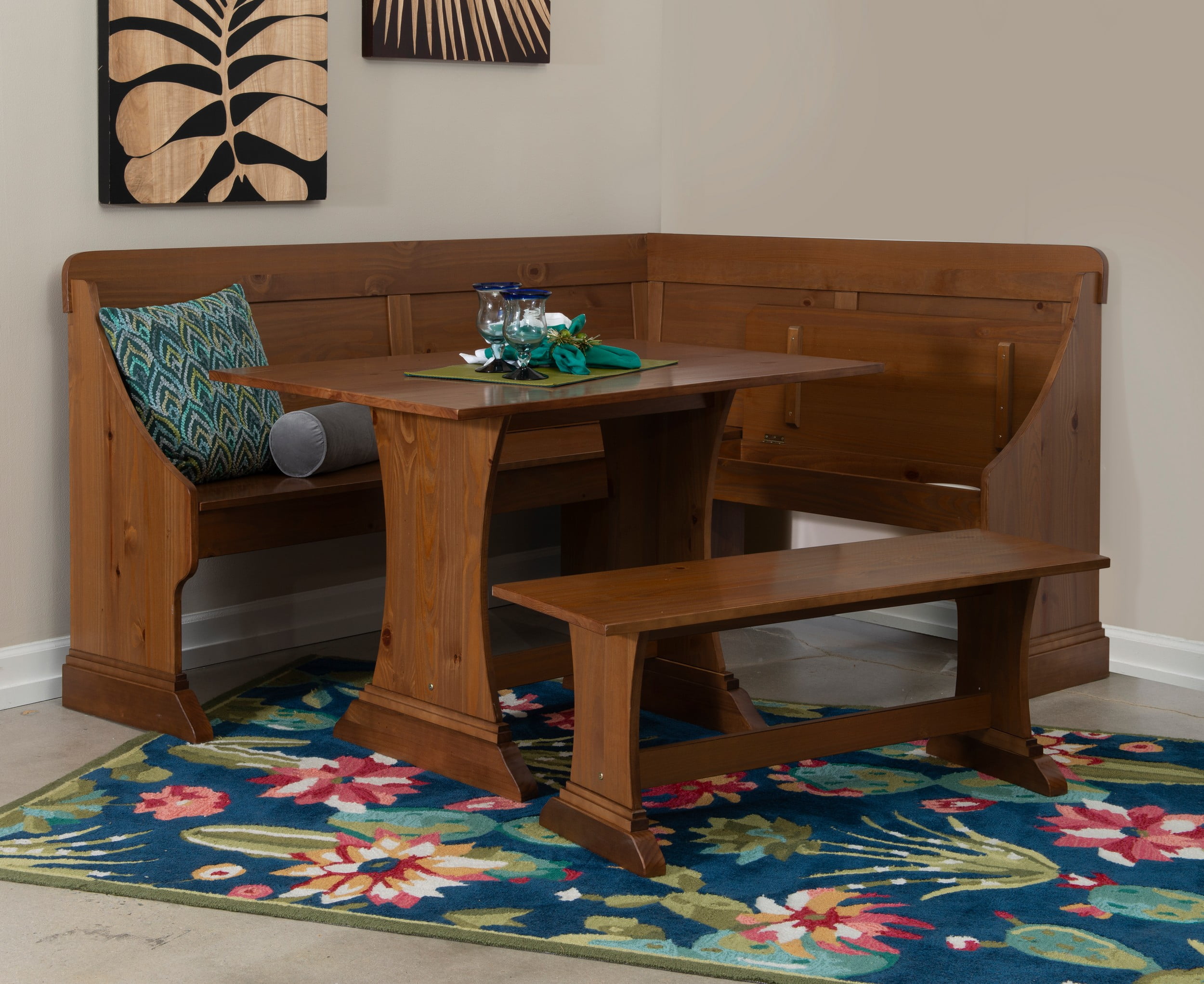 Linon Midwest Wood Corner Dining Breakfast Nook with Table and Storage ...