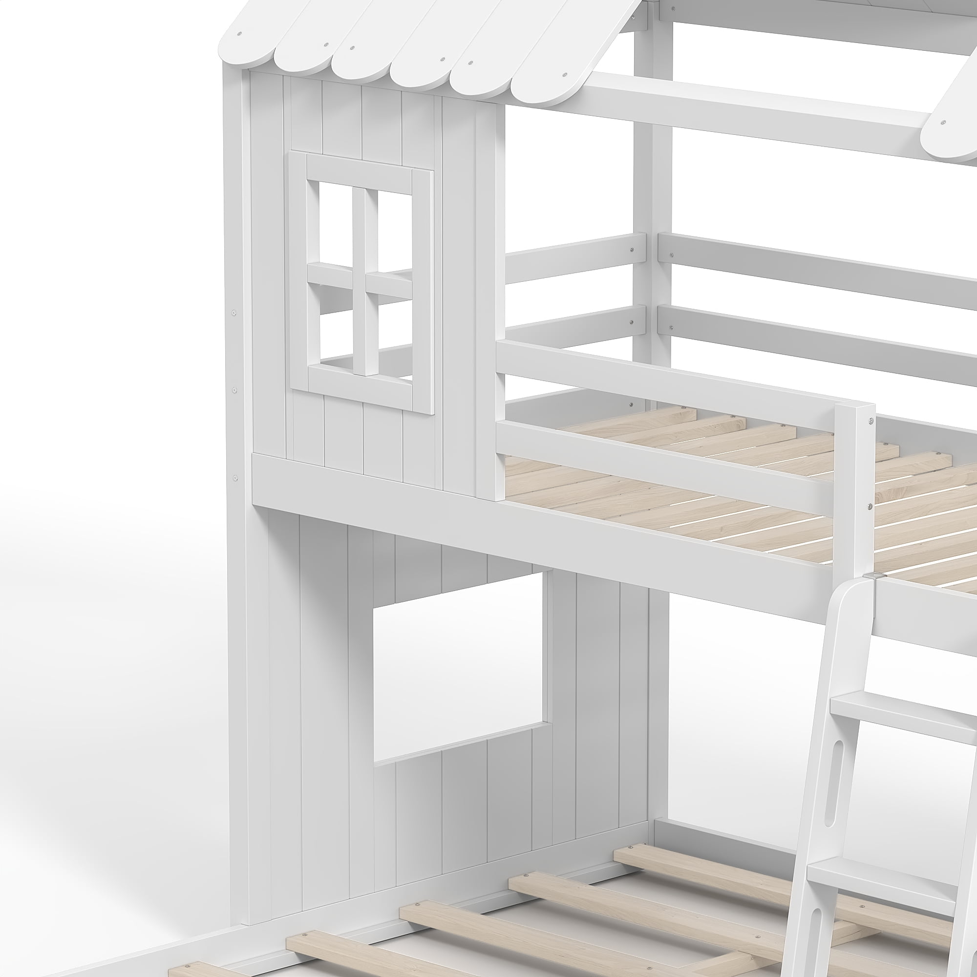 Twin over Full House Bunk Bed with Slide & Ladder, Wood Playhouse Bunk Bed with Storage Shelves & Wardrobe, Floor Bunk Bed for All Ages, White
