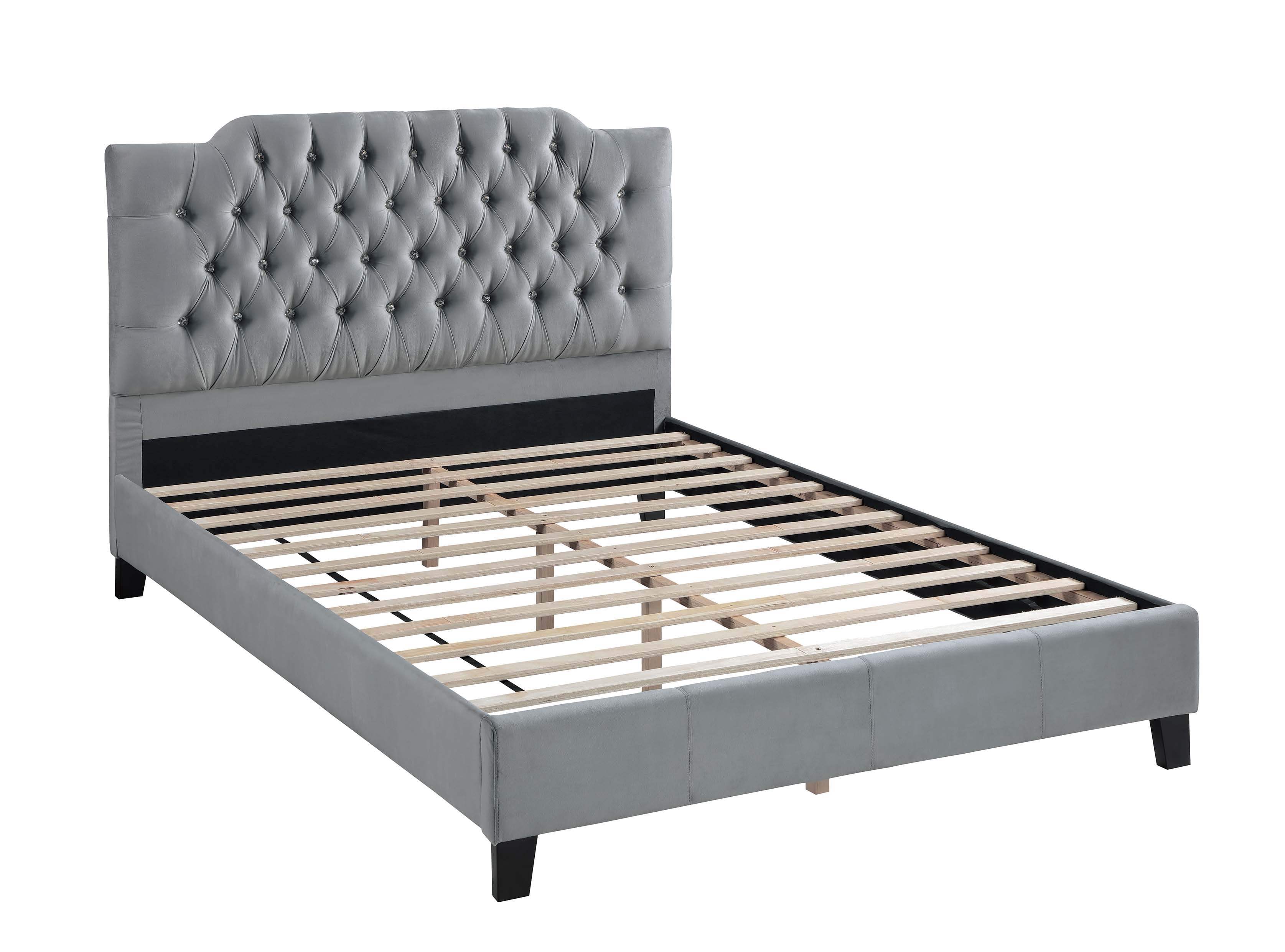 Bed Frame Gorgeous Gray Velvet Queen Size Bed 1pc Bedframe Modern Tufted Upholstered Headboard Bedroom Furniture